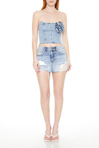 2025 New Arrival <b>Plus</b> <b>Size</b> Distressed Denim Rosette Corset Tube <b>Top</b> Breathable <b>Low</b> Priced OEM Serviced Women's Blouses Shirts - Product Image 6