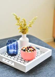 Best Seller Square Mango Wood Serving Platter Tropical Autumn Leaf Design <b>Black</b> Lacquer Tabletop <b>Tray</b> With Side Handles For Home - Product Image 5