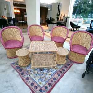 Ensemble de chaises vintage en rotin et bambou avec 2 poufs et table basse Ensemble de restaurant Ensemble de chaises canapé d'extérieur pour jardin, bureau, salon - Product Image 3