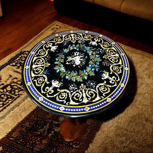 Magnifique table basse et à manger en marbre noir avec incrustations florales, artisanat fait main, finition lisse et polie, mobilier de luxe pour la décoration de la maison et de la villa - Product Image 1