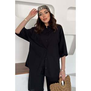 Black Short-Sleeved <b>Linen</b> Shirt and Shorts <b>Set</b> - Black - Product Image 2