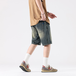 กางเกงยีนส์เอวกลางเอวแบบแฟชั่นสีทึบกางเกงขาสั้นทอกระเป๋าปิดเอวยางยืด - Product Image 4