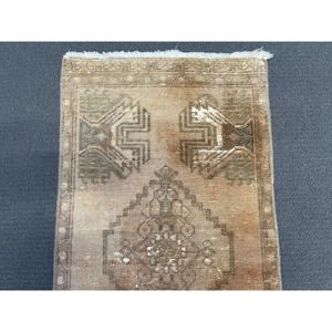 Vintage Small Rug 1.6x3.2 ft (49x97 cm), Turkish <b>Brown</b> Oriental <b>Wool</b> Rug - Product Image 5