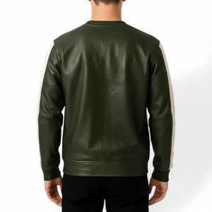 เสื้อสเวตเชิ้ตหนังแกะทำมือสำหรับผู้ชาย สีเขียว ลายทางสีขาว - Product Image 3