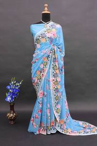 ผ้าส่าหรีผ้าพิมพ์ลายดอกไม้ผ้าทอจากนักออกแบบล่าสุด - Product Image 3