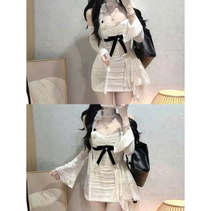 [2025 nuevo] elegante vestido ajustado de encaje de manga larga tela suave lazo negro dulce traje de fiesta de estilo coreano - Product Image 4