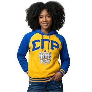 Sudadera con Capucha Bicolor Sigma Gamma Rho Azul y Dorado para Mujer, Sudadera con Capucha con Letras Griegas, Ropa de la Hermandad SGR, Corte Clásico - Product Image 1