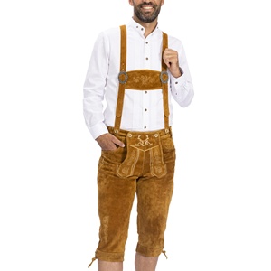 Pantalones de cuero bávaros para hombre, Lederhosen, diseño tradicional con tiras en la rodilla, color marrón beige, estilo recto, aspecto usado. - Product Image 3