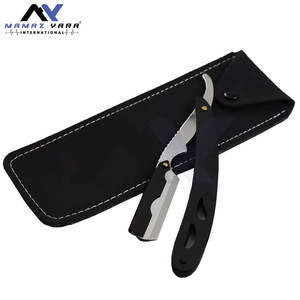 Maquinilla de afeitar profesional para el cabello de peluquero con bloqueo oscilante, navajas plegables de borde recto en negro y plata - Product Image 1