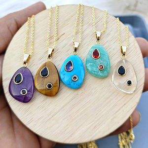 New <b>fashion</b> jewelry fancy shape crystal quartz gemstone <b>pendant</b> 18k gold plated double bezel charm accent wholesale <b>necklace</b> - Product Image 2