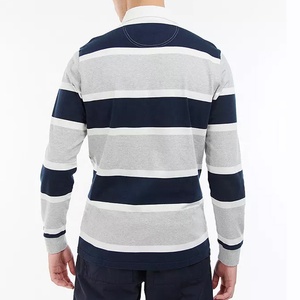 เสื้อโปโลรักบี้แขนยาวลายทางถักคุณภาพสูงสำหรับผู้ชาย คอปกพับได้ สีกรมท่า เทา ขาว สไตล์ลำลอง สำหรับฤดูใบไม้ผลิ - Product Image 3