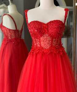 Sexy A-line vestido de novia sin mangas romántico encaje apliques tul vestidos de novia con bordado características antiestáticas para mujeres rojo - Product Image 4