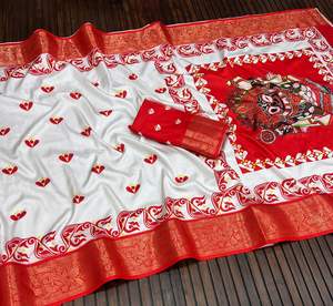 Colección de Sarees de Fiesta para Mujer con Estampado de Serigrafía Multicolor Especial para Durga Pooja - Product Image 3