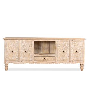Meuble TV convertible de luxe extensible en bois massif, style ferme moderne, pour salon, avec sculpture artisanale - Product Image 3