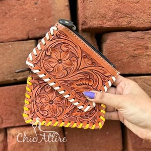 Nouveaux vrais cheveux usinés bruns fabriqués à la main sur peau fourrure cuir porte-monnaie mignon petit Rectangle forme pièce carte étuis à fermeture éclair - Product Image 1