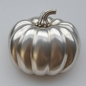Elegante escultura de calabaza de aluminio, brillo plateado pulido con arte perforado, que ofrece Halloween atemporal - Product Image 3