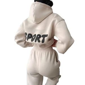 2026 alta calidad al por mayor sudaderas con capucha conjunto de pantalones de chándal hombro caído suelto peso pesado polar algodón serigrafía trajes para mujeres - Product Image 2