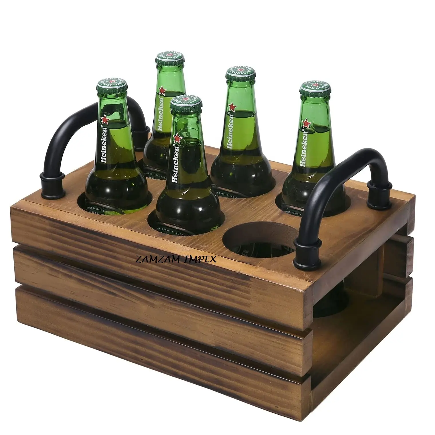 6 Sot Rustikal gebranntes Holz Bierflaschen kiste, Holz Getränke träger Server Caddy mit schwarzen Metall griffen