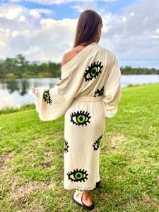 Handcrafted Natural Cotton Printed <b>Kimono</b> Robe Cozy Blanket Maxi Housecoat <b>Long</b> Fringe-Trim Sleeves Classic Loungewear Sweet - Product Image 6
