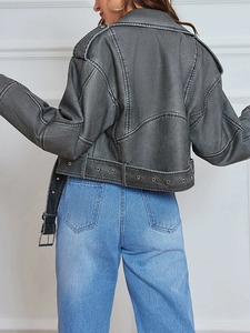 Chaqueta de cuero de imitación PU para mujer, chaqueta de cuero corta con cremallera y solapa informal para mujer, abrigo de motocicleta de calle alta - Product Image 4