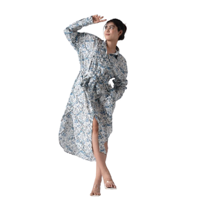 Vestido Floral ecológico de verano para mujer, azul abeto, bloque de mano, estampado plisado, técnica 100% algodón, cómodo, transpirable - Product Image 1