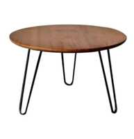 Table basse ronde moderne et personnalisable avec un design intelligent, structure en métal thermolaqué et plateau en bois pour salon