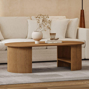 Modern <b>Solid</b> <b>Wood</b> Coffee <b>Table</b> with Elegant Oval Design and Vertical Roster Textured Cylinder Legs for Aesthetic Classy Interior - Product Image 4