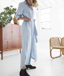 Stunning Summer Denim Cotton Women's Maxi A-Line Casual Dress Functional Button Front Collar Front Patch <b>Pocket</b> Curved Hemline - Product Image 5