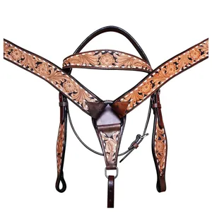 Cabezal de cuero de caballo occidental y cuello de pecho Side Buck Stitch Tan Cabezal de cuero genuino - Product Image 1