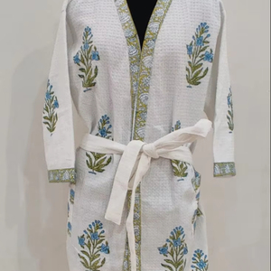 Albornoz de algodón Waffle caliente con estampado de bloques Maxi vestido bordado Floral azul para fiesta informal para la temporada de primavera y verano - Product Image 1