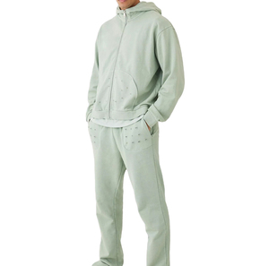 Survêtement personnalisé en coton de haute qualité pour hommes, pull à capuche à motif solide et pantalon de jogging, ensemble vieilli pour l'hiver - Product Image 5