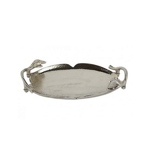 New Looking Metal <b>Tray</b> With Golden Handles Trendy Rounded Shape Handmade Designer <b>Snacks</b> & Water Serving <b>Trays</b> Use - Product Image 2