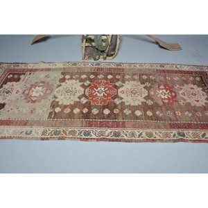 Alfombra turca vintage de área grande de 3,8x9,3 pies, material de lana beige marrón clásico, retales de látex para pasillo, alfombra rectangular para cabecera - Product Image 3