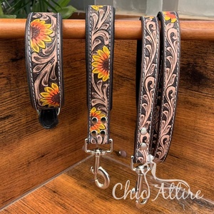 Collier de chien personnalisé robuste réglable et durable en cuir véritable de qualité supérieure et laisse pour animaux de compagnie usinés à la main ensembles de laisse de trafic en cuir de vachette - Product Image 1