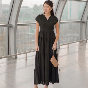 100% rayonne été col en v Maxi robe pour femmes dames cheville longueur à plusieurs niveaux ample décontracté à manches courtes solide uni teint robe noire - Product Image 1