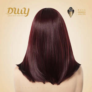 Lila-DWY 14 Inches Burgundy Glueless Machine Made Synthetic <b>Wig</b> with Bangs Mid-Length Straight for Sleek Modern Look for Women - Product Image 4