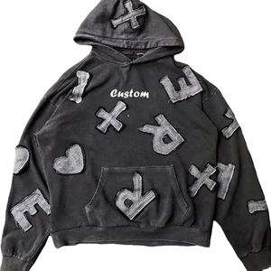 Custom Manufacturer Embroidery Distressed Hoodie <b>Rhinestone</b> Zip up <b>Jacket</b> Acid Wash Vintage Washed Men Fleece Streetwear Hoodie - Product Image 2