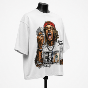 เสื้อยืดโอเวอร์ไซส์สีขาวสำหรับผู้ชาย แขนสั้น คอกลม ผ้าคอตตอนเจอร์ซีย์ พิมพ์ลายกราฟิก สไตล์ลำลองแนวสตรีท พร้อมลายพิมพ์ที่แขนขวา - Product Image 3