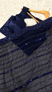 Sari de Georgette Azul Elegante de Excelente Calidad para Festivales, Bodas, Eventos Formales y Uso Diario, Disponible para Exportación - Product Image 5