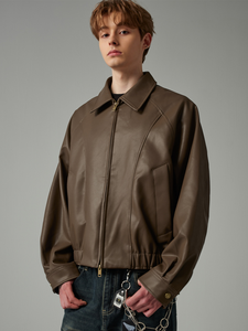 Chaqueta de Cuero Vacuno y Lona Unisex, Estilo Motociclista, Cuello Alto, Logotipo Frontal, Diseño Vintage, para Invierno - Product Image 4