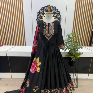 Nueva colección de fiesta de diseñador, vestido de trabajo bordado de secuencia de seda Chinon con parte inferior y Dupatta de impresión digital a precio mayorista - Product Image 1