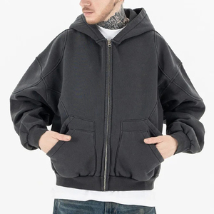 Vente en gros Streetwear à double poches avec fermeture éclair Sweats à capuche en coton épais surdimensionné avec épaules tombantes personnalisé Sweat à capuche zippé pour hommes - Product Image 3