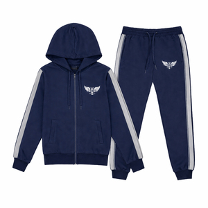 Ensemble de survêtement bleu marine personnalisé pour femme, veste à capuche et pantalon de jogging avec bande latérale, vêtements de sport décontractés - Product Image 1