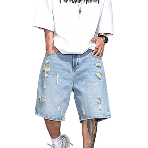 Shorts en jean déchiré bleu clair pour homme, coupe ample, 100 % coton, longueur genou, style décontracté streetwear, mode estivale - Product Image 1