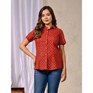 Red Poplin Cotton Printed <b>Half</b> Sleeves <b>Shirt</b> for Women Stand Collar Embroidered Decoration Viscose Rayon XS XL Long for Autumn - Product Image 1