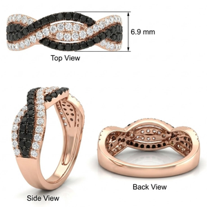 Bague croisée moderne en or rose 18 carats avec diamants noirs et blancs, motif torsadé et pavé, cadeau de luxe pour femme - Product Image 6