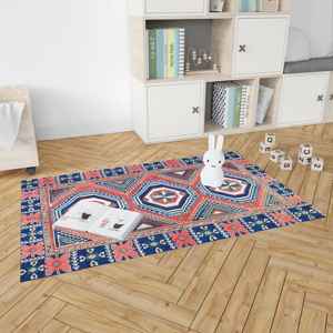 Tapis géométrique turc, tapis imprimé coloré, tapis bleu et rouge, tapis à poils doux - Product Image 1