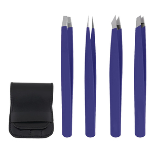 Ensemble de 4 pinces à épiler classiques en acier inoxydable à pointe inclinée, personnalisées, avec étui bleu, durables - Product Image 1