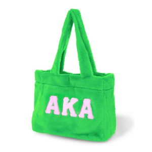 AKA borsa Tote in pelliccia di sorellanza verde con lettere ricamate rosa morbido materiale elegante accessorio collegiale per regalo di confraternita - Product Image 2