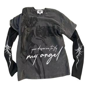 Custom logo DTG Print Summer Tank Oversized Men & Women Vintage Double Layer <b>Patchwork</b> Acid Wash Bamboo Fiber T-Shirt - Product Image 3